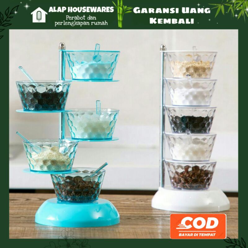 A22 SET Toples dan Rak Bumbu Serbaguna Putar Bahan Kristal - Tempat Wadah Rak Toples Botol Bumbu Ser
