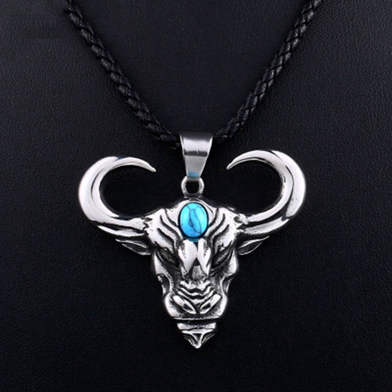 New men's fashion Inlaid Turquoise ox head pendant necklace punk jewelry