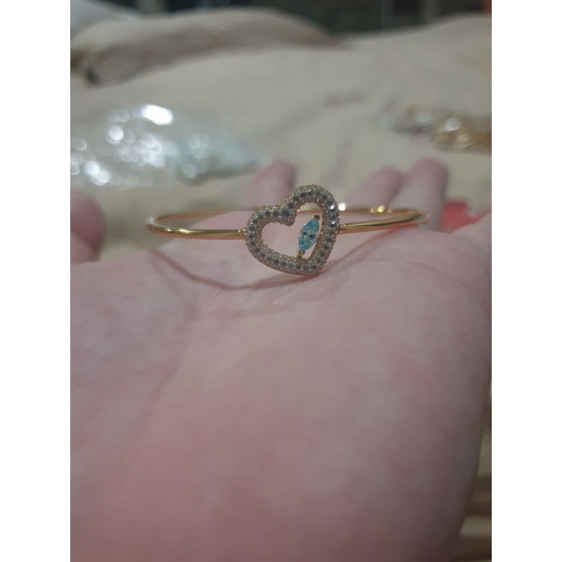 Bangle gelang oval batu hijau mata putih love hati emas asli 700 70% rachel rose