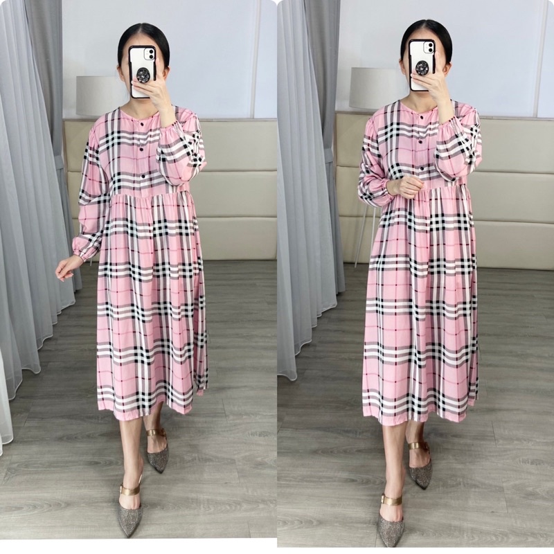 Midi Tunik Motif kotak /  rayon Tunik Premium / Tunik busui / midi dress busui