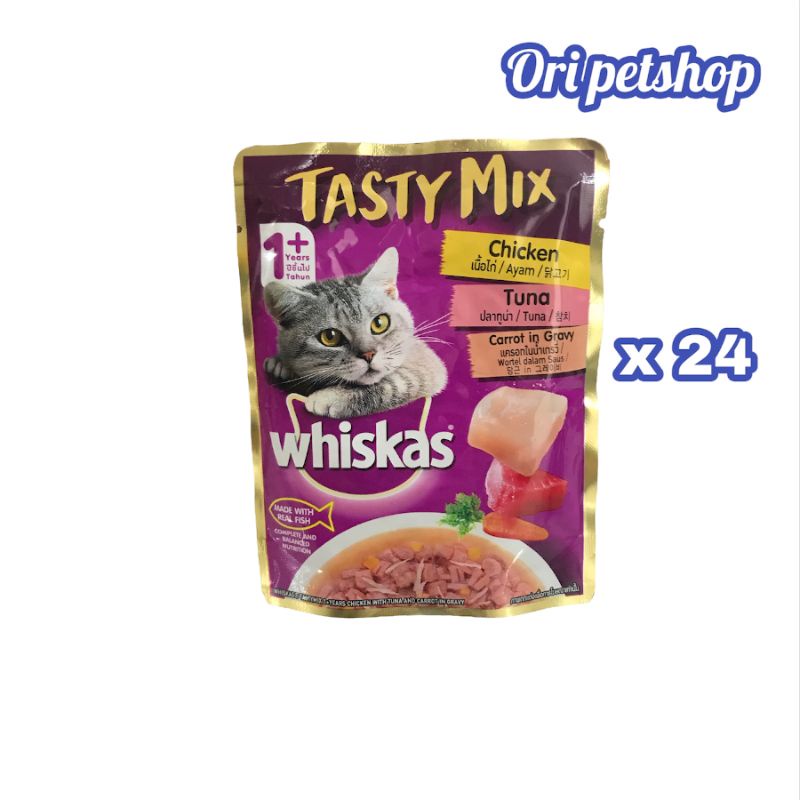 (1dus 24pcs) Whiskas Tasty Mix Pouch Sachet 70gr Makanan Kucing Basah Adult - Chicken Tuna Carrot In Gravvy