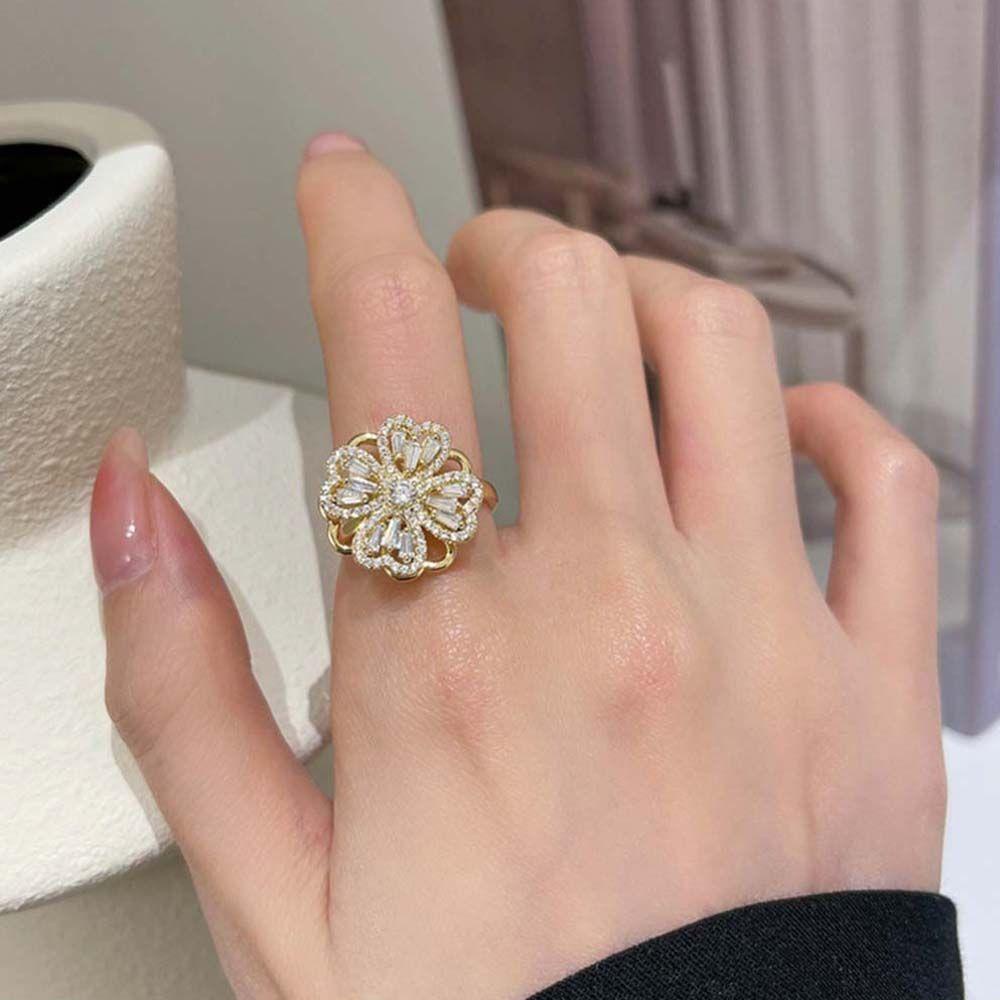 Needway   Berputar Zirkon Cincin Kepribadian Elegan Beruntung Dapat Diputar Mewah Warna Perak Kincir Berlian Imitasi Wanita Jari Rings