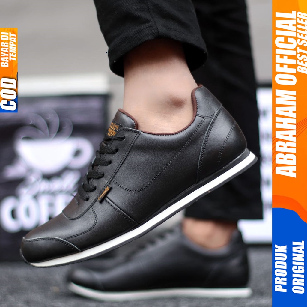 Sepatu Kulit Asli Sneakers Hitam Kerja Santai Pria Abraham Morley