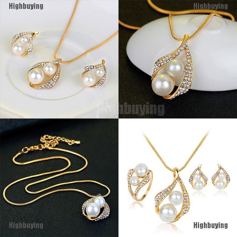 Set Perhiasan Wanita,Kalung Rantai Liontin + Anting Tusuk Gantung + Cincin Aksen Kristal + Mutiara Imitasi