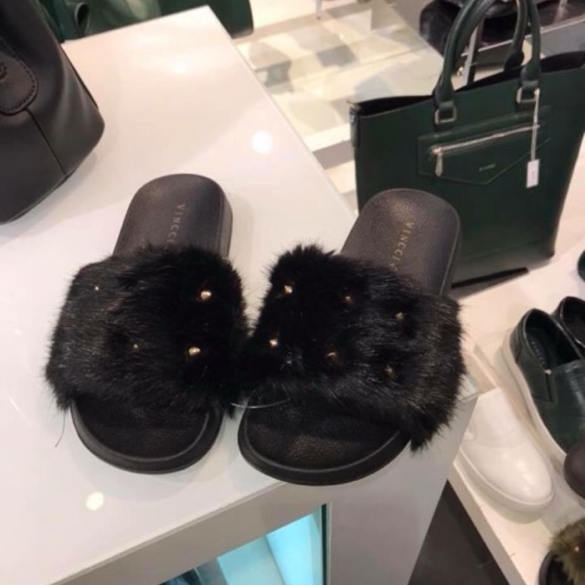 VINCCI sandal bulu furr studd new arrival black grey pink green leopard sale price original