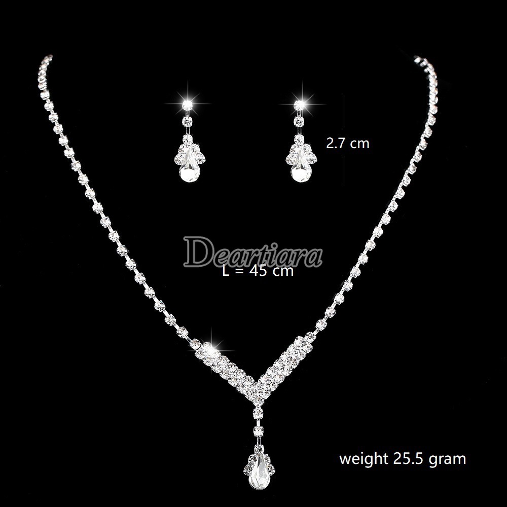 2Pcs / Set Perhiasan Kalung Rantai Silver Hias Berlian Imitasi untuk Pengantin Wanita