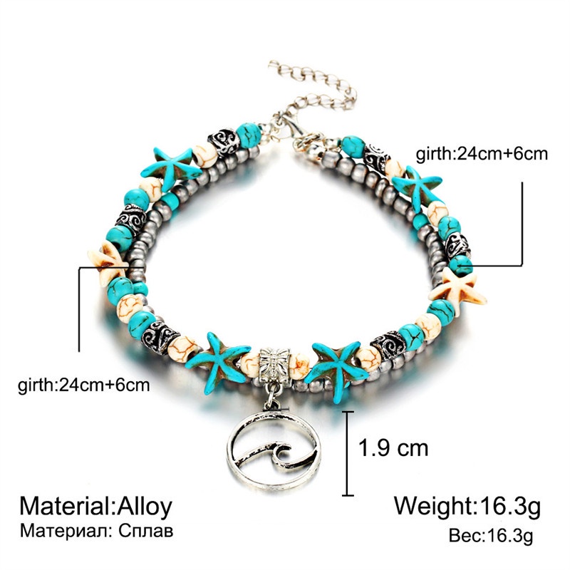 2pcs / Set Gelang Kaki Multilayer Liontin Bintang Laut Kura-Kura Keong Manik-Manik Beras Warna-Warni Untuk Wanita