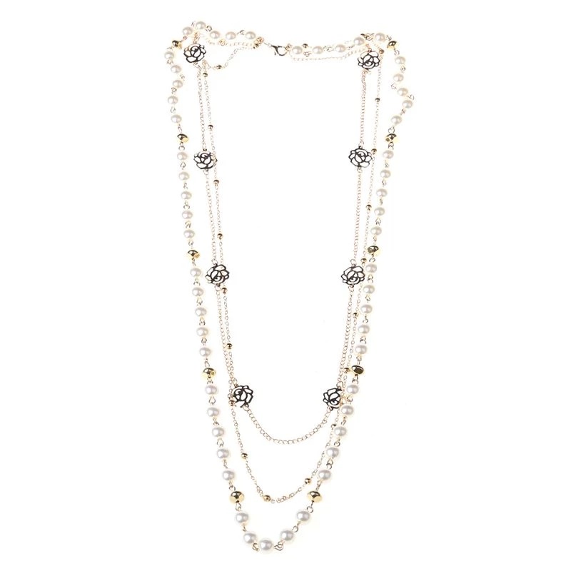 [Kalung Rantai Sweater Wanita Multilayer Mutiara Bunga Mawar Kreatif] [Kalung Rantai Sederhana Logam Vintage Anak Perempuan ] [Kalung Klavikula Fashion Wanita]