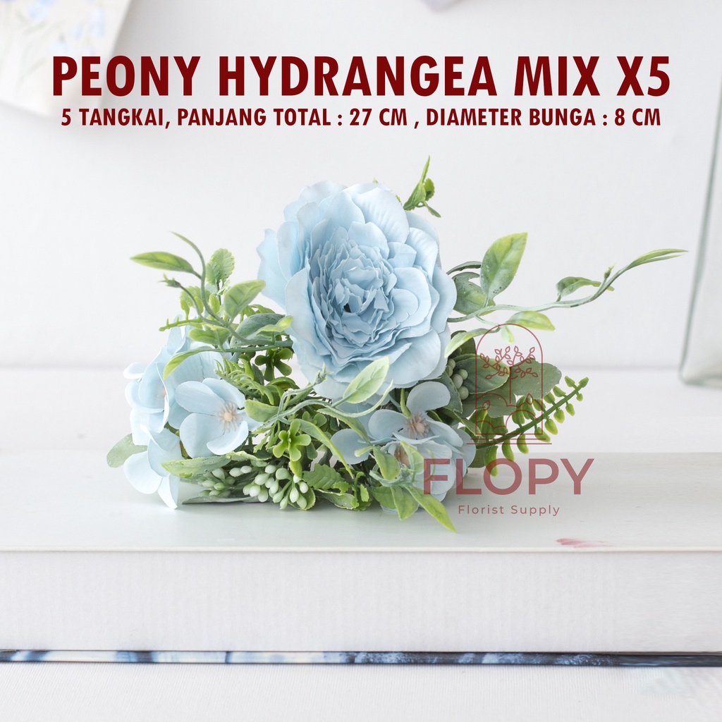 [5 Tangkai] Bunga Peony Hydrangea Mix X5 Artificial / Bunga Plastik Palsu Dekorasi Buket bunga Mahar Nikahan Rustic