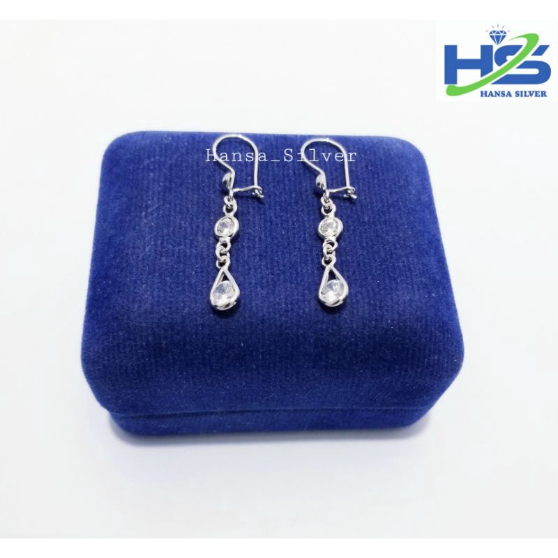 Anting Perak Asli Silver 925 Lapis Emas Putih Jepit Agogo Panjang Batu Putih - Perak Asli 925 Anti Karat