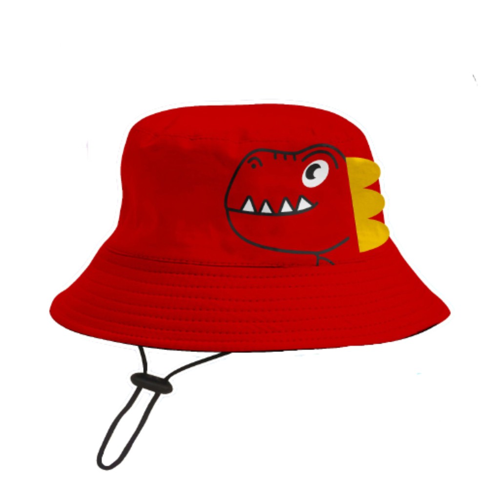 Topi bucket hat anak bordir gambar hewan dino bahan american dril ada tali nya