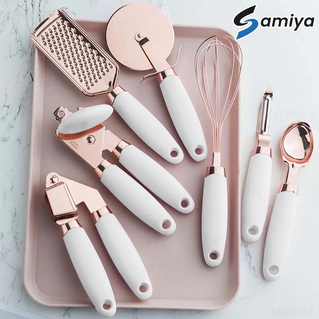 kitchen gadget set 7pcs / paket lengkap alat dapur rosegold garlic press penghancur bawang can opener pembuka kaleng parutan keju ice cream spoon sendok es krim egg beater pengocok telur pizza cutter pairing knife