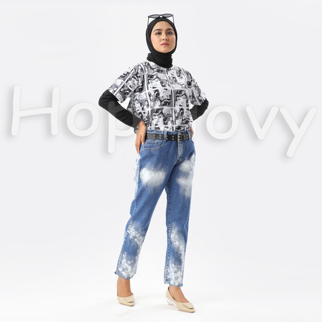 HOPYLOVY - Celana Boyfriend Jeans Wanita BF Tie Dye White Stain Avrina