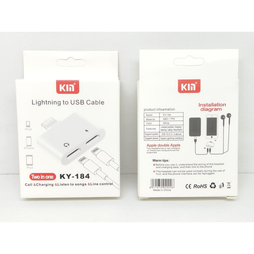 KIN KY184 Adapter Lightning 2 in 1 Headphone Audio to Charge Non Kabel Tanpa Bluetooth