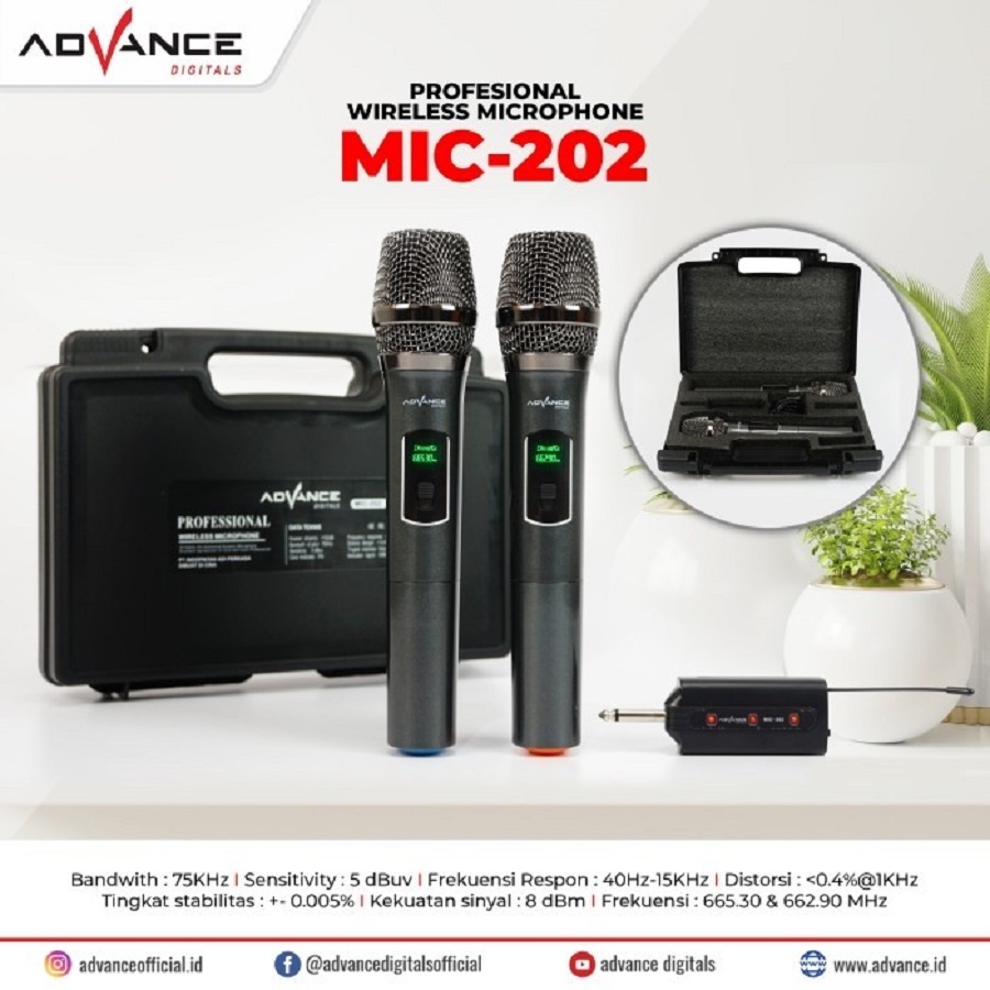 MIC MICROPHONE WIRELESS DOUBLE PROFESIONAL ADVANCE 202 MIK TANPA KABEL