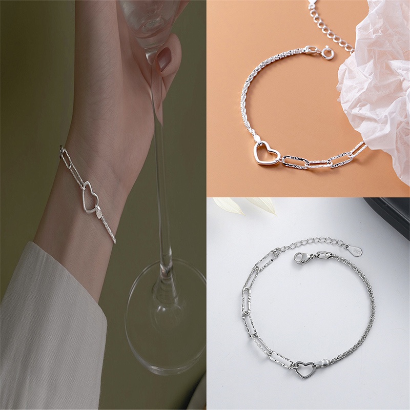 Gelang Rantai Silver Desain Hati Kreatif Untuk Wanita