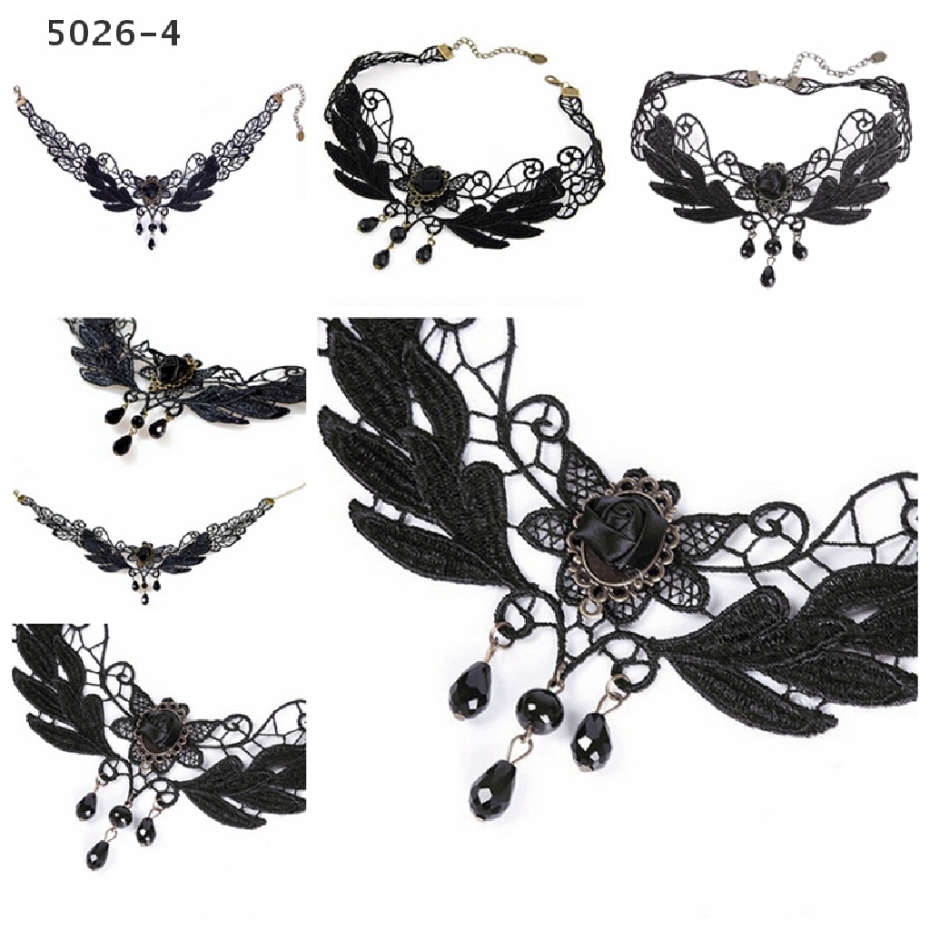 5026-4 Kalung Choker Lolita Bahan Lace Dengan Liontin Bunga Mawar Hitam Untuk Wanita