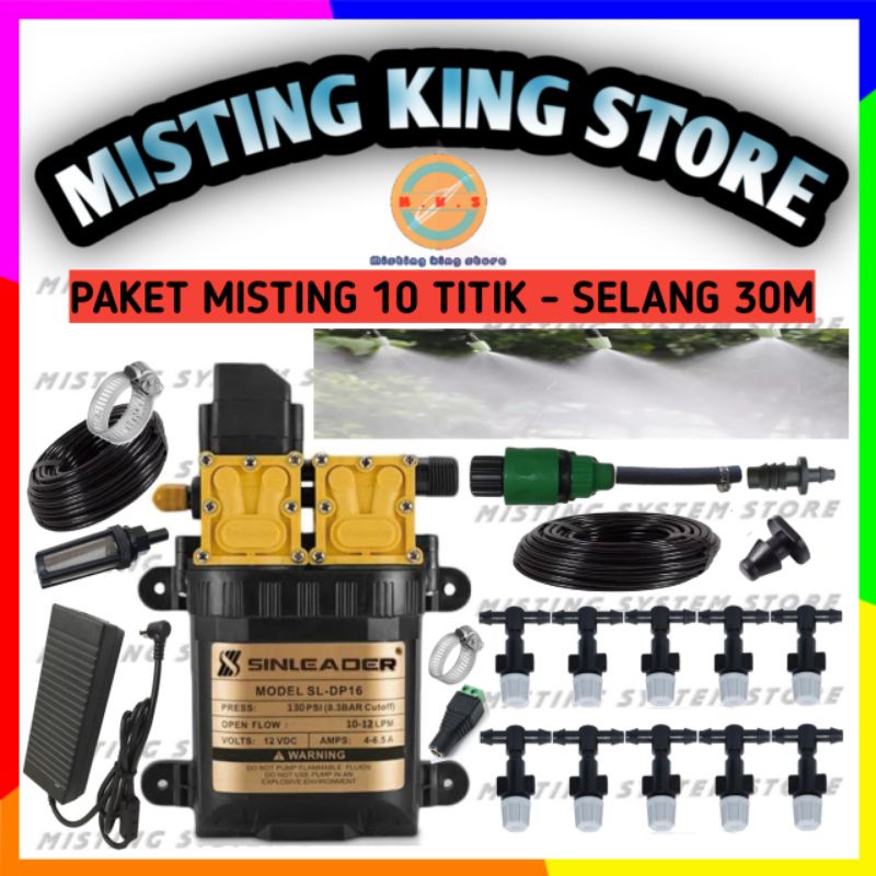 PAKET ALAT SIRAM 10 TITIK 30 METER SELANG PE SPRINKLER MIST NOZZLE SPUYER SPRAYER DOUBLE PUMP POMPA DC SINLEADER 12V ADAPTOR 10A MURNI