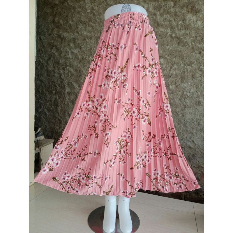 Rok Plisket Motif Bunga sakura Wanita Terbaru