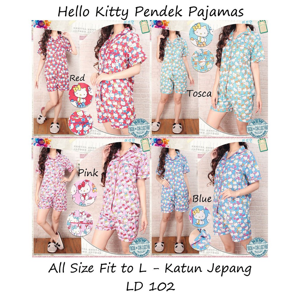 HELLO KITTY PIYAMA CELANA PENDEK PAJAMAS BAJU TIDUR WANITA DEWASA KATUN JEPANG
