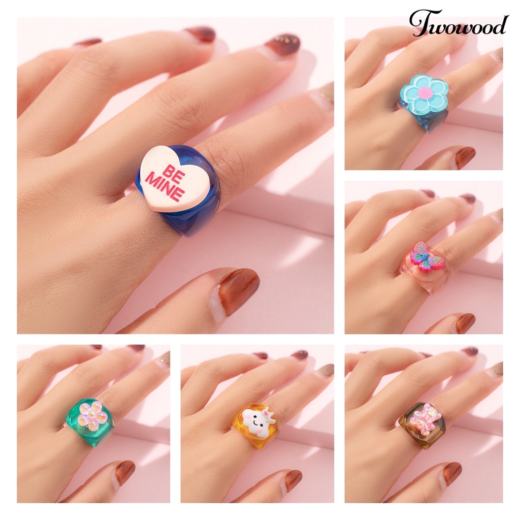 Cincin Model Lebar Bahan Resin Warna-Warni Untuk Anak Perempuan