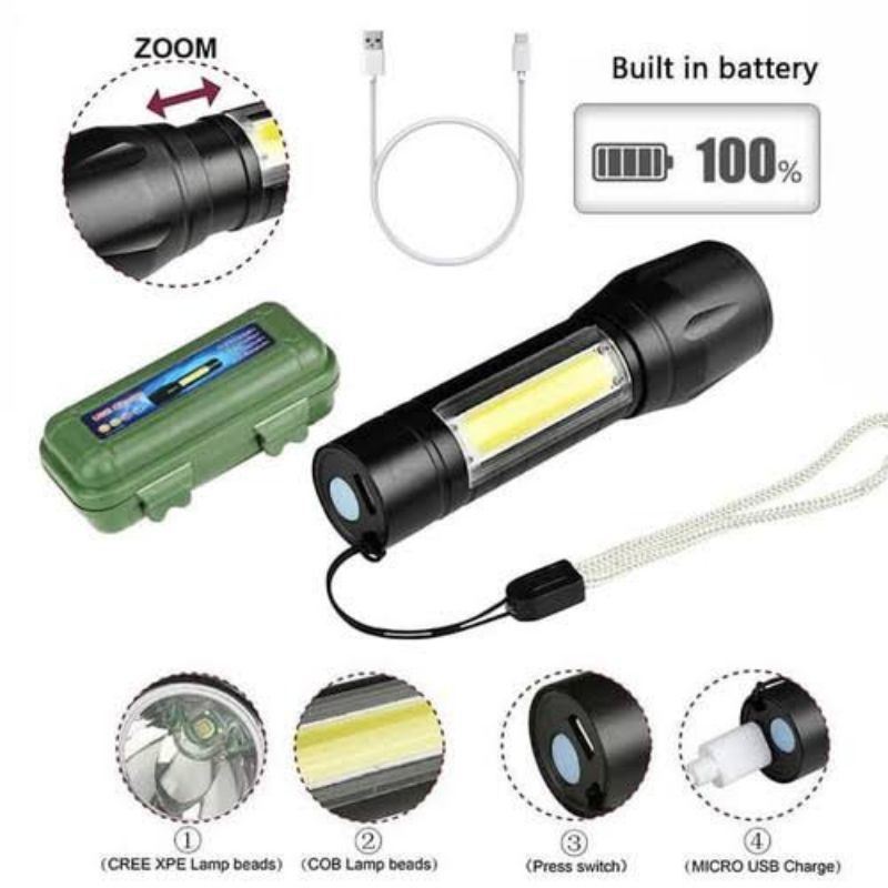 Senter SWAT Mini Zoom Police LED COB XPE Emergency + Baterai Battery