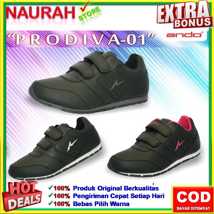 SEPATU ANDO ORIGINAL PRODIVA JUNIOR V-KOOL &amp; 3M VELCRO Hitam Putih Ringan Kuat Sneakers Sekolah SD SMP SMA