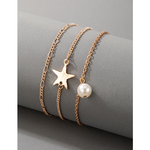 LRC Gelang Kaki Fashion Golden Star Pearl Anklet Set V81362