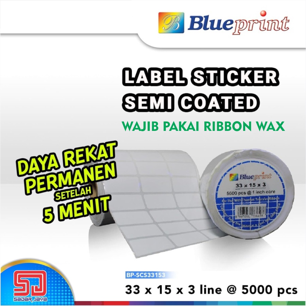 Blueprint Sticker Label 33 x 15mm x 3 Line Semi Coated Label Stiker Barcode