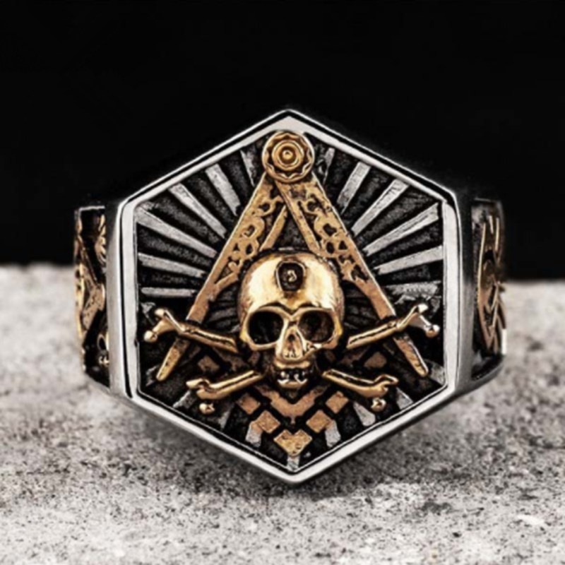 Cincin Desain Tengkorak Freemason Totem Heksagonal Masonic Untuk Pria