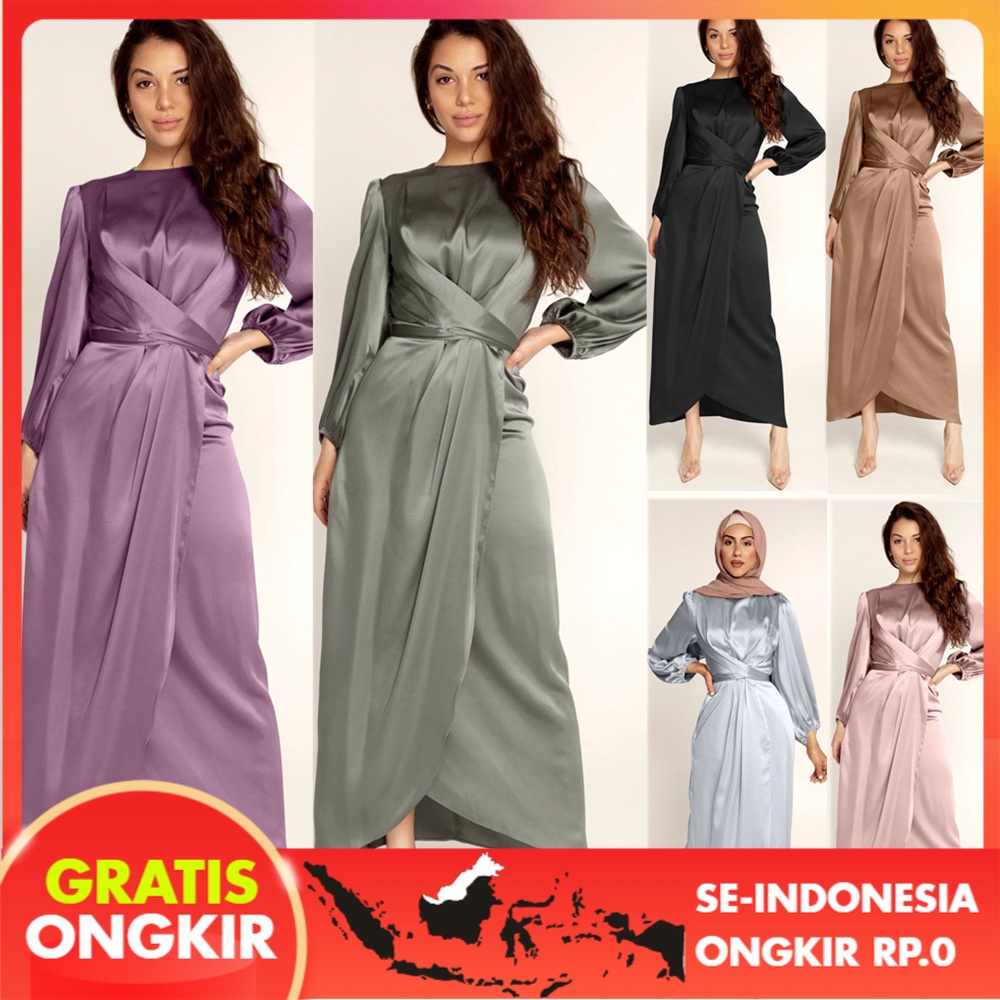 Pakaian Wanita Lembut Pinggang Gaun    Dubai Satin Dress Lr386