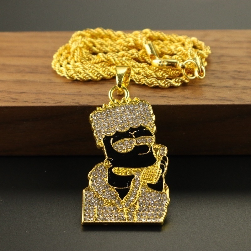 Kalung Liontin Lensa Kacamata Hitam 18K gold Hias Zircon Gaya Hip Hop Rock Untuk Pria