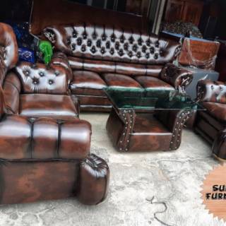 Kursi Sofa Kulit Jumbo Jaguar Ruang Tamu Keluarga Fullset 3 2 1 Meja