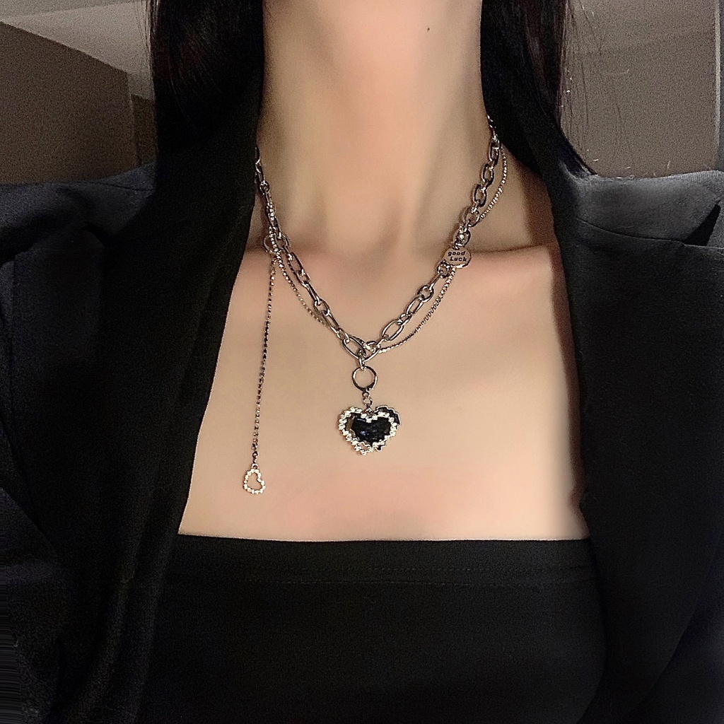 Kalung Rantai Clavicle Desain Hati Hitam Hias Zircon Gaya Koreamewah Untuk Wanita