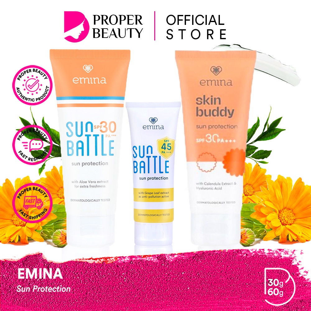 EMINA Sun Protection Indonesia / SPF 30 45 PA+++ Facial Wash Face Scrub Micellar Water Essence Toner Mist Serum Day Night Eye Cream Sunscreen Sheet Sleeping Clay Mask Masker Moisturizing Lip Tint Matte Gloss / Bright Stuff Ms Pimple Acne Solution Battle