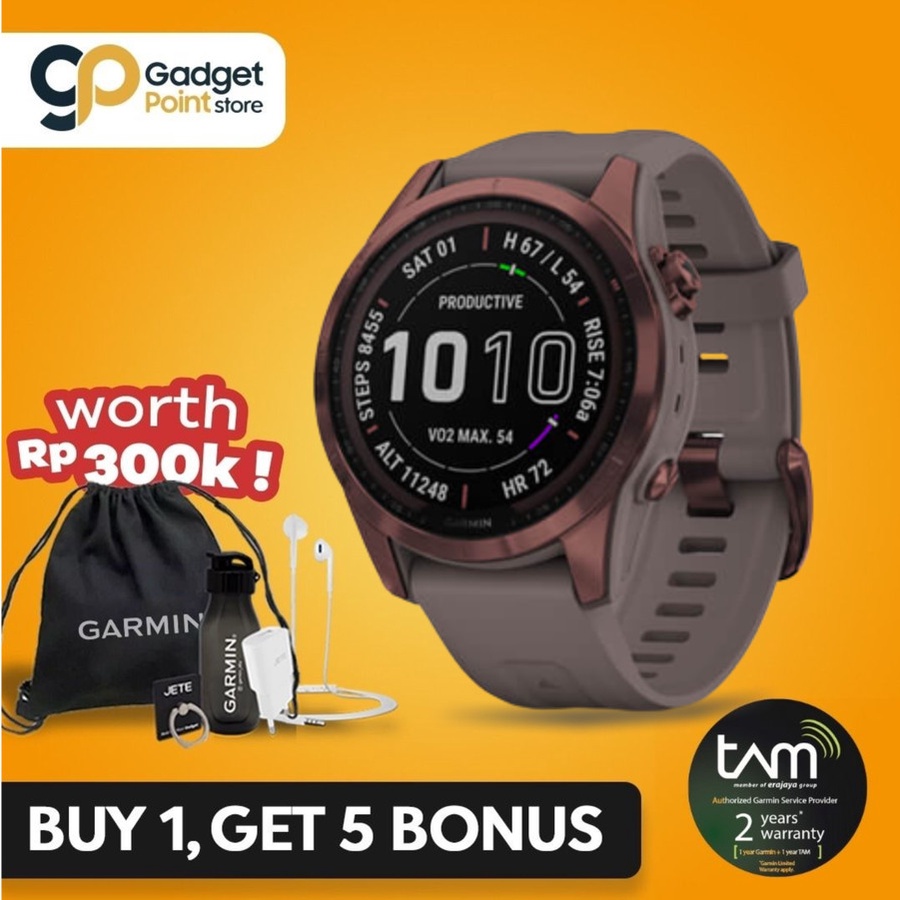 Garmin Fenix 7S Sapphire Solar Dark Bronze Titanium with Shale Gray Band - Garansi resmi TAM 2 Tahun