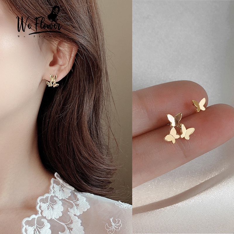 We Flower Anting Stud Desain Kupu-Kupu Asimetris Bahan S925 Silver Gaya Korea Untuk Wanita