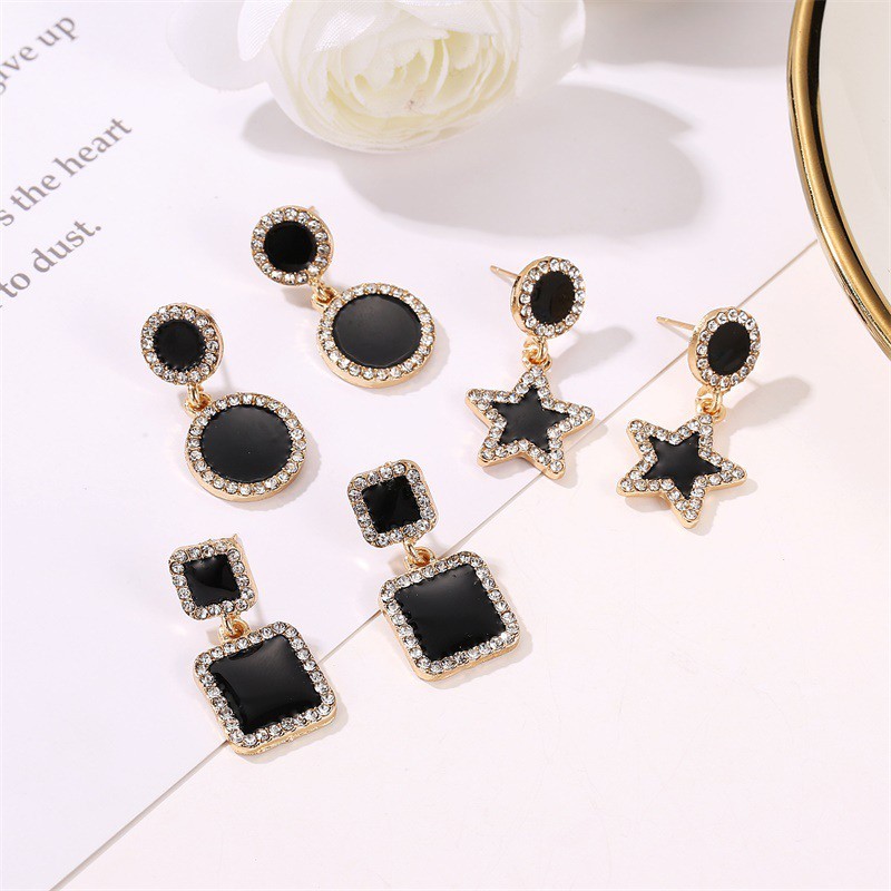 Silver Korea Anting Pentagram Anting Berlian Bulat / Anting Pentagram Korea Berlian Bulat Wanita