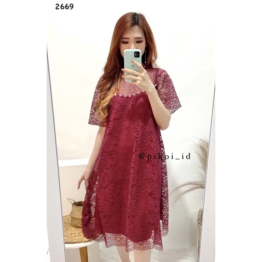 Dress brukat imlek kondangan pesta merah / dress brokat korean style / dress lace bangkok / 2669