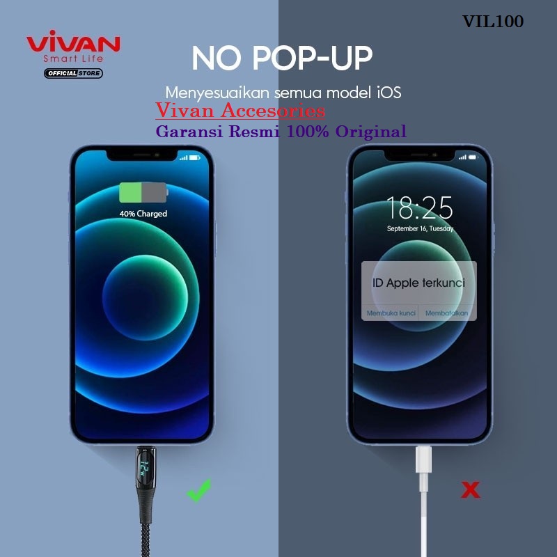 VIVAN Kabel Data VIL100 USB To Lightning 12W 2.4A 1M Fast Charging LED