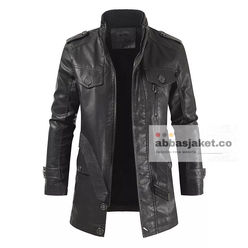 abbasjaket.co Long Coat Jaket Jubah Pria Musim Dingin Kulit Sintetis Elegant