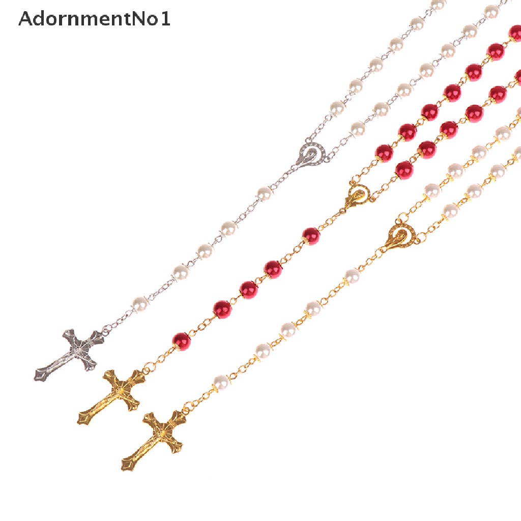 (AdornmentNo1) Kalung Rosario Katolik Rantai Panjang Dengan Liontin Salib Yesus + Mutiara