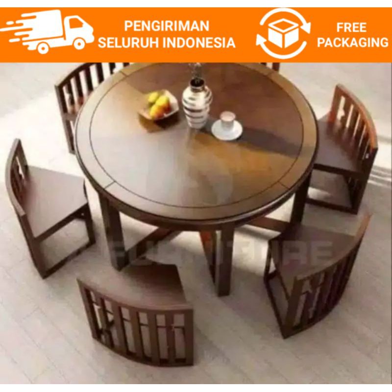 MEJA MAKAN BULAT BUNDAR 6 KURSI MINIMALIS KAYU JATI FURNITURE JEPARA / MEJA MAKAN BUNDAR JATI MINIMA