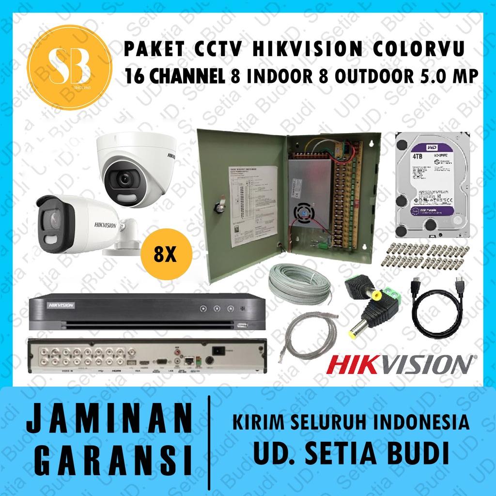 Paket CCTV Hikvision Colorvu 16 Channel 8 Indoor 8 Outdoor 5.0 MP