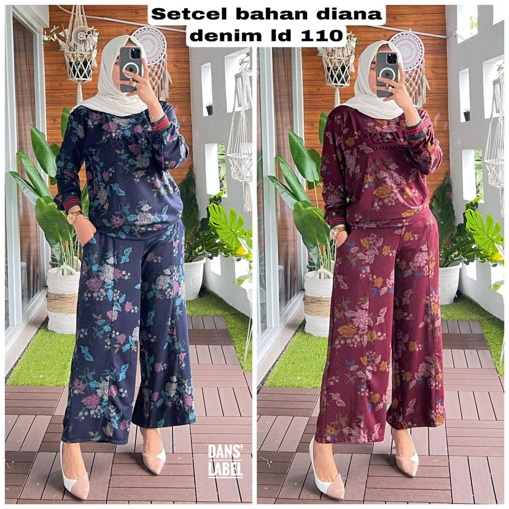 SETCEL CHANEL DIANA DENIM KULOT BLOUSE MOTIF ORI DANS LABEL