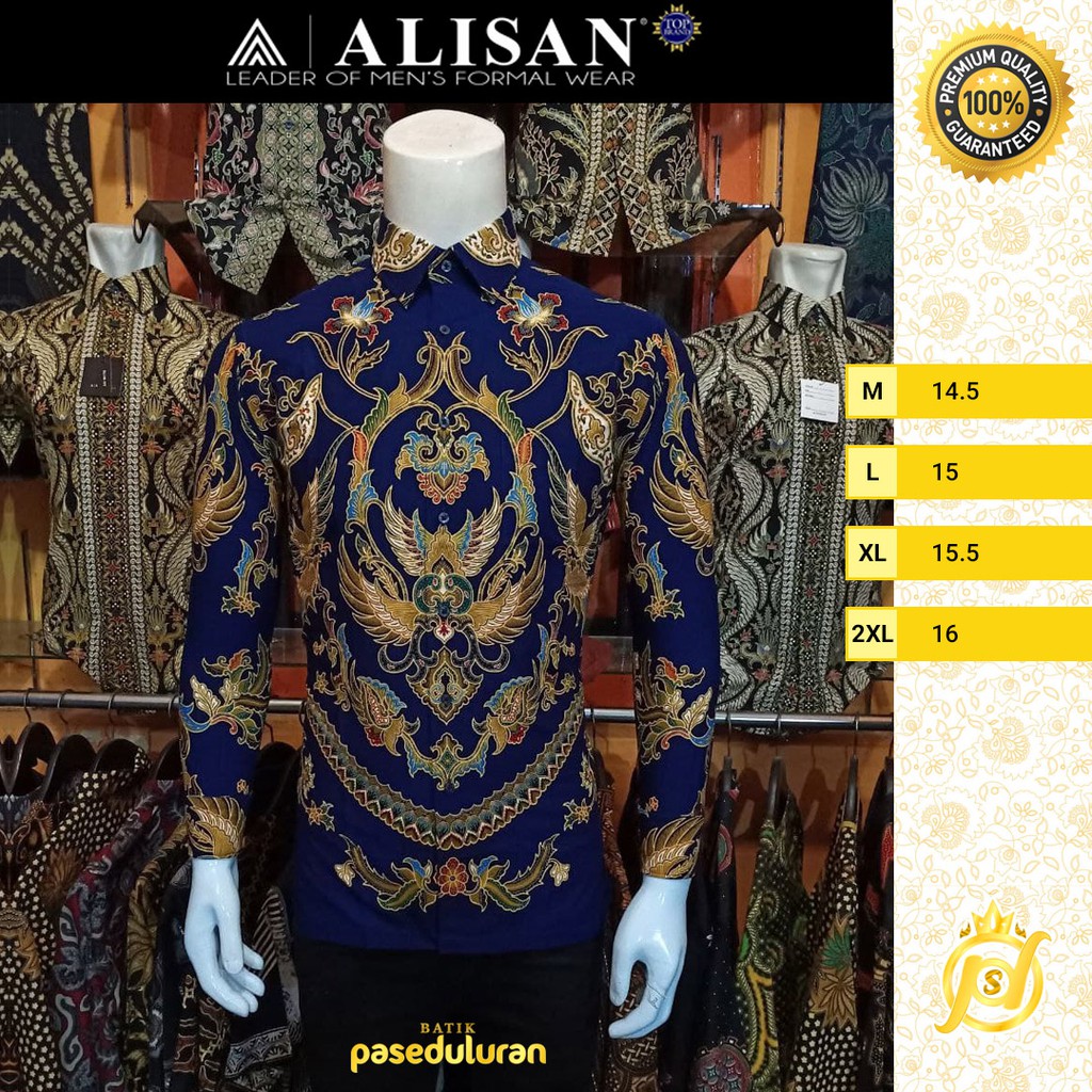 Kemeja Alisan Batik SlimFit Premium Katun  Motif Merak Ukiran Warna Navy Emas Lengan Panjang