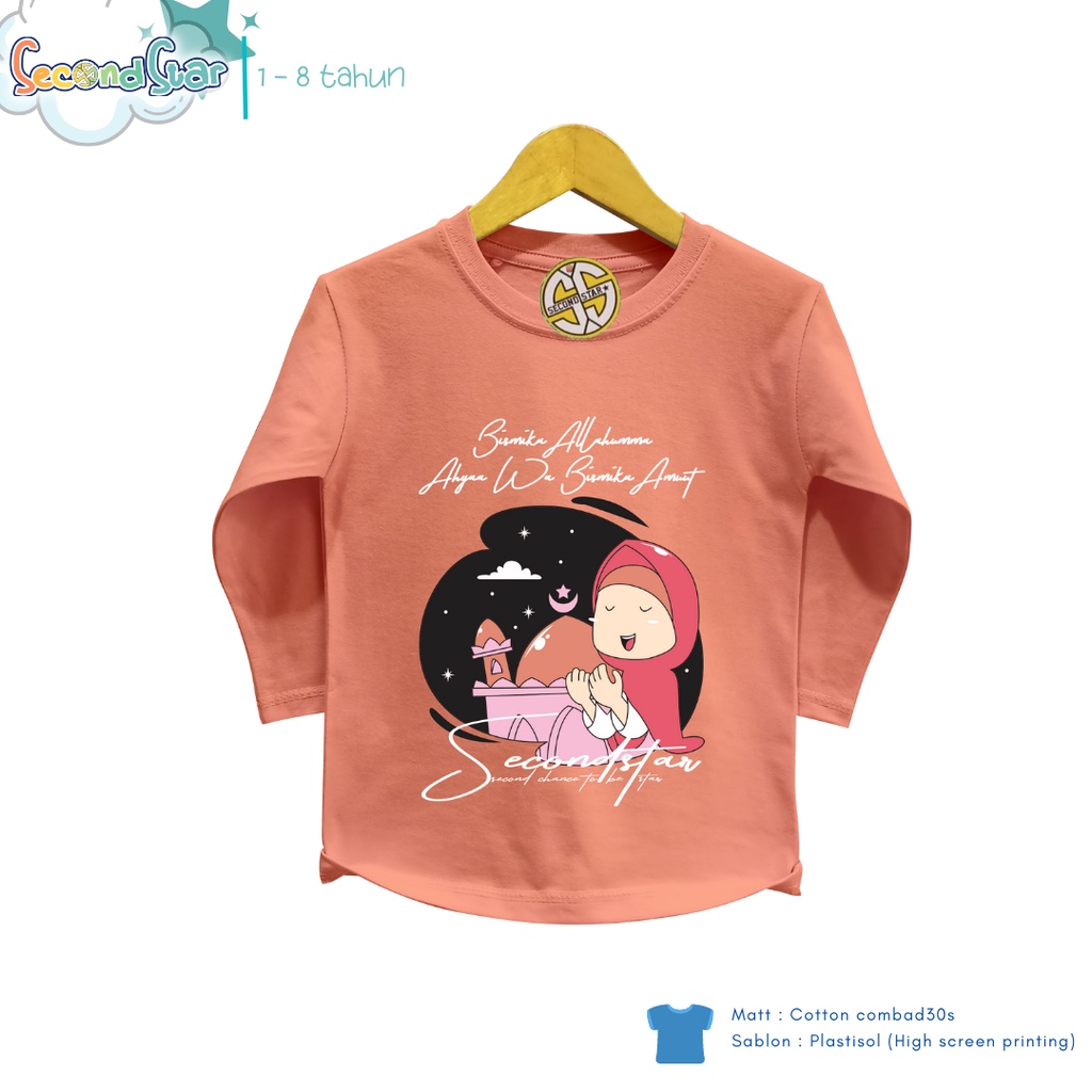 Secondstar baju anak perempuan Kaos oblong lengan panjang islami warna peach pastel 1-8 tahun