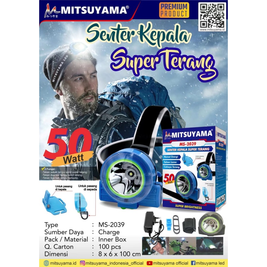 Barangunik2021 -Senter Kepala Super Terang Mitsuyama MS-2039 Super Brightness Charger/Headlamp super Brightness 50watt