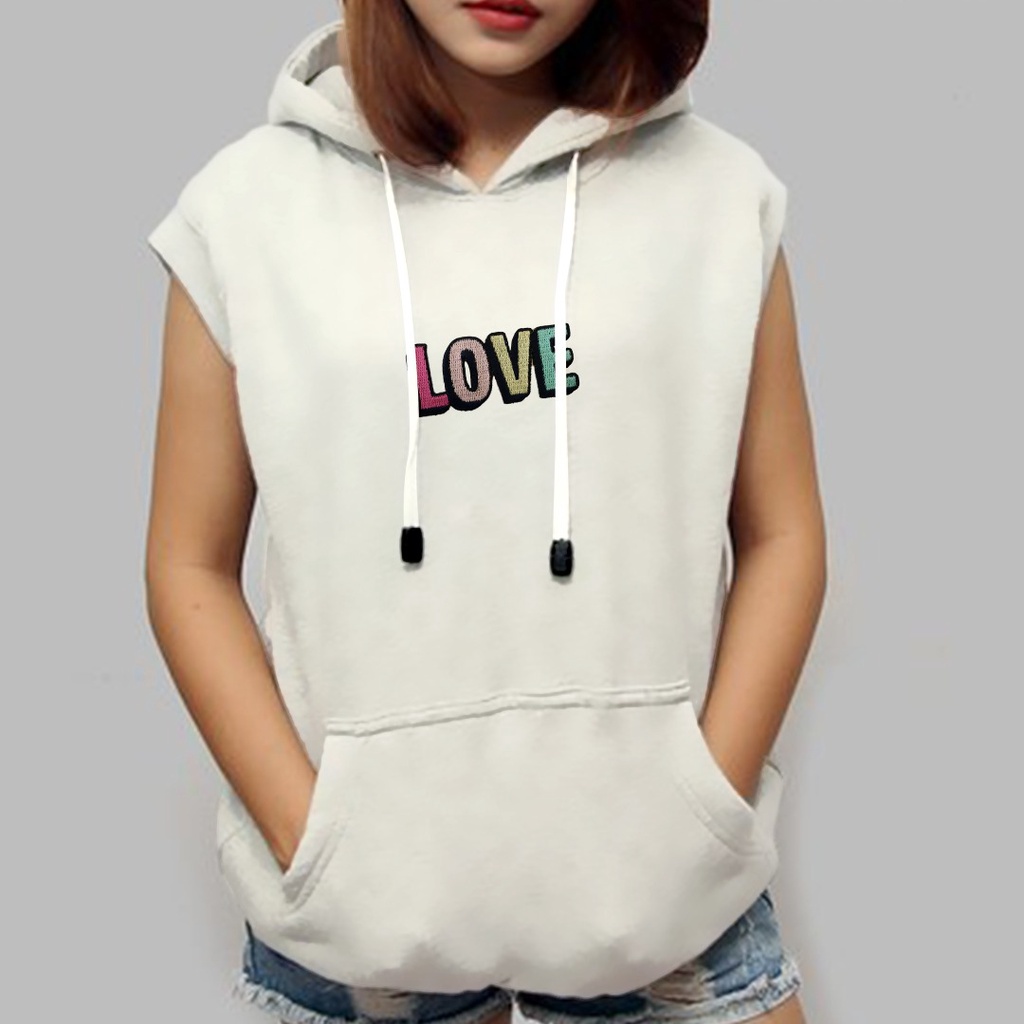 SLEEVELESS HOODIE ROMPI MOTIF BORDIR LOVE / VEST HOODIE WANITA TEBAL