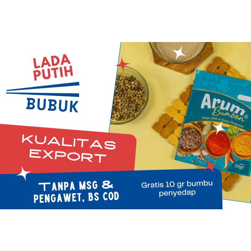 

bumbu Rempah LADA PUTIH bubuk / White Pepper Seed "Arum Bumbon" (Non Msg & Pengawet)